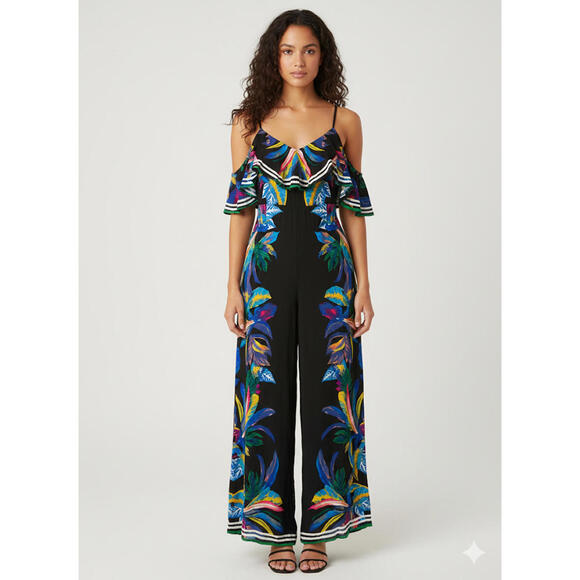 Flying Tomato Pants - Flying Tomato Black Floral Print Cold Shoulder Jumpsuit S